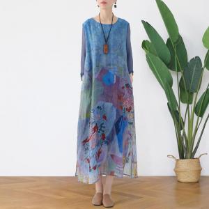Silk Sleeve Printing Chinese Dress Midi Loose Shift Dress