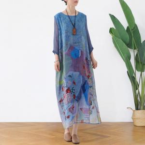 Silk Sleeve Printing Chinese Dress Midi Loose Shift Dress