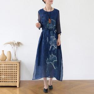 Ginkgo Leaf Dark Blue Dress Sheer Sleeves Summer Loose Dress