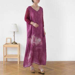 Silk Sleeves V-Neck Tied Dress White Flowers Loose Purple Dress