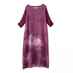 Silk Sleeves V-Neck Tied Dress White Flowers Loose Purple Dress
