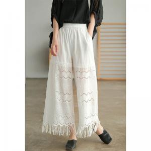 Semi-Sheer White Lace Pants Wide Leg Tassel Trousers