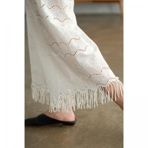 Semi-Sheer White Lace Pants Wide Leg Tassel Trousers