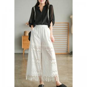 Semi-Sheer White Lace Pants Wide Leg Tassel Trousers