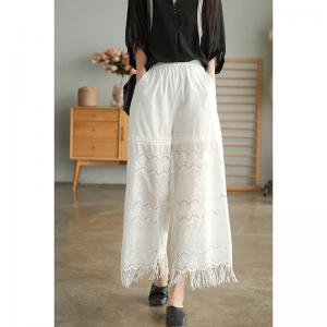 Semi-Sheer White Lace Pants Wide Leg Tassel Trousers