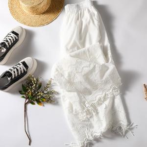 Semi-Sheer White Lace Pants Wide Leg Tassel Trousers