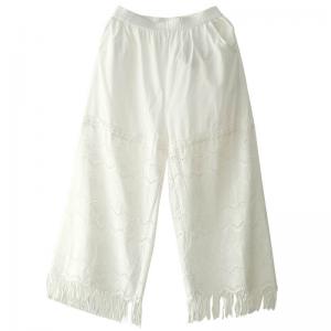 Semi-Sheer White Lace Pants Wide Leg Tassel Trousers