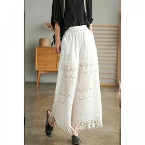 Semi-Sheer White Lace Pants Wide Leg Tassel Trousers