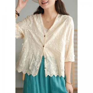 Half Sleeves Applique Lace Blouse Single-Breasted Elegant Shirt