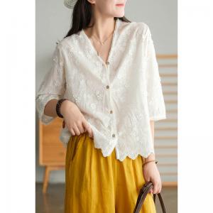 Half Sleeves Applique Lace Blouse Single-Breasted Elegant Shirt