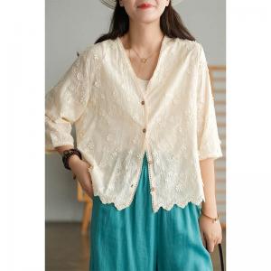 Half Sleeves Applique Lace Blouse Single-Breasted Elegant Shirt