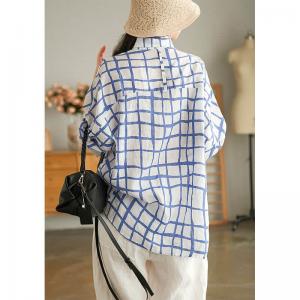 Office Casual Blue Plaid Blouse Plus  Size Linen Shirt