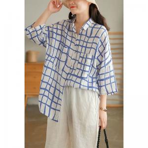 Office Casual Blue Plaid Blouse Plus  Size Linen Shirt