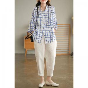 Office Casual Blue Plaid Blouse Plus  Size Linen Shirt