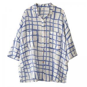 Office Casual Blue Plaid Blouse Plus  Size Linen Shirt