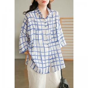 Office Casual Blue Plaid Blouse Plus  Size Linen Shirt