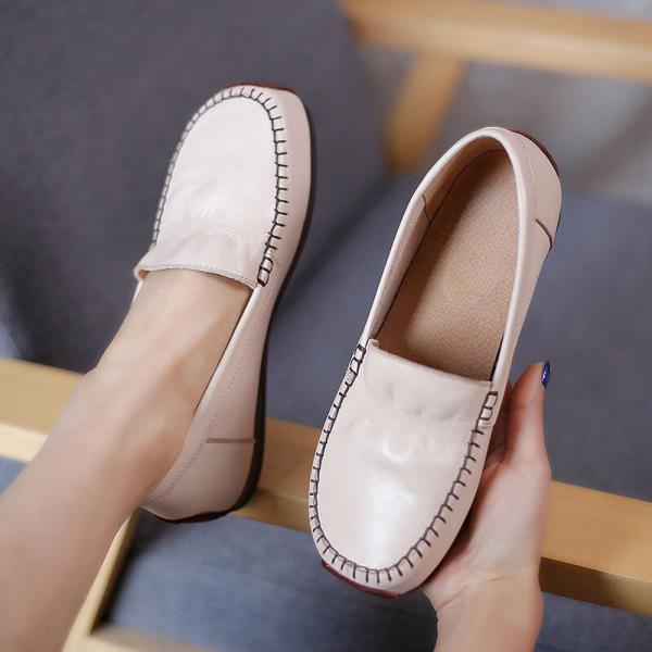 Round Toe Leather Low Shoes Granny Slip on Flats