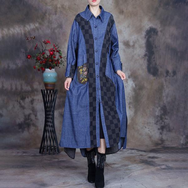 Black Plaids Denim Trench Coat Patchwork Plus Size Shirt Dress