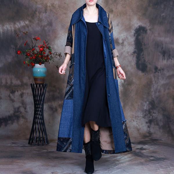 Colorful Patchwork Belted Long Coat Denim Striped Trench Coat