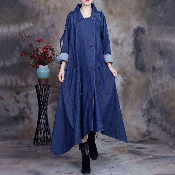 Asymmetrical Blue Trench Coat Polo Neck Designer Office Wear