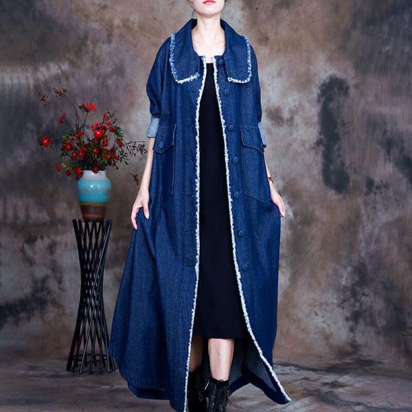 Doll Collar White Fringed Coat Maxi Long Denim Trench Overcoat