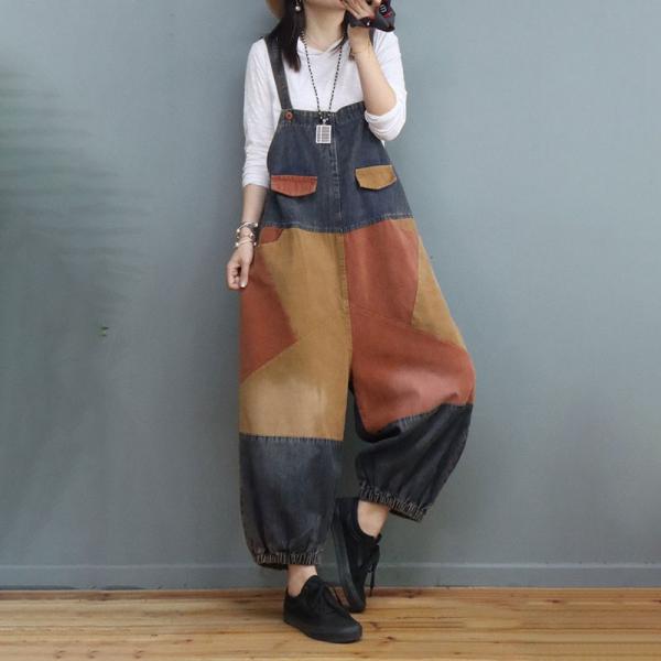 Baggy-Fit Color Block Fluffy Dungaree Womens Farm Overalls