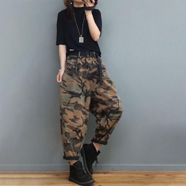 Fashion Letter Prints Black Carrot Fit Jeans Baggy Camo Jeans for Women