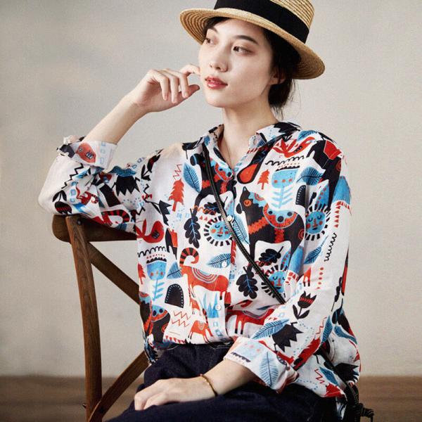 BF Style Artistic Cartoon Patterns Shirt Ramie Long Sleeves Blouse