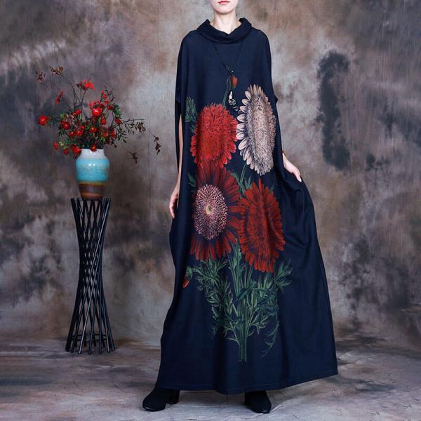 Chrysanthemum Prints Black Winter Dress Mock Neck Caftan