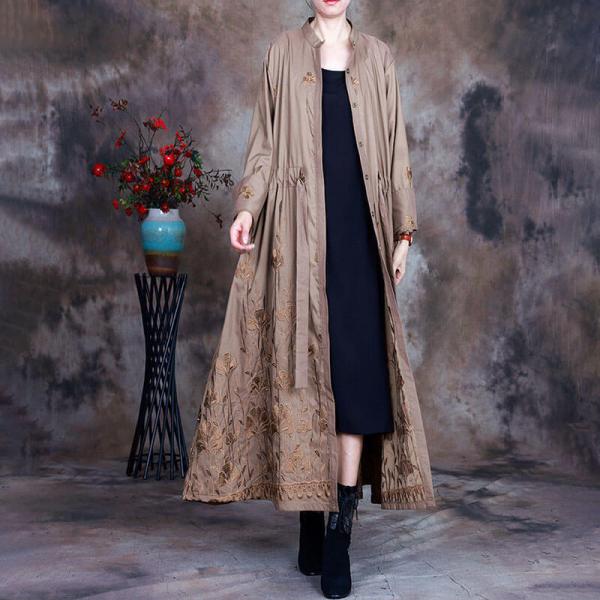 Long Sleeve Embroidery Trench Coat Long Wrap Coat for Women