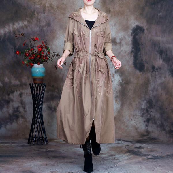 Front Zip Hooded Trench Coat Tied Embroidery Outerwear