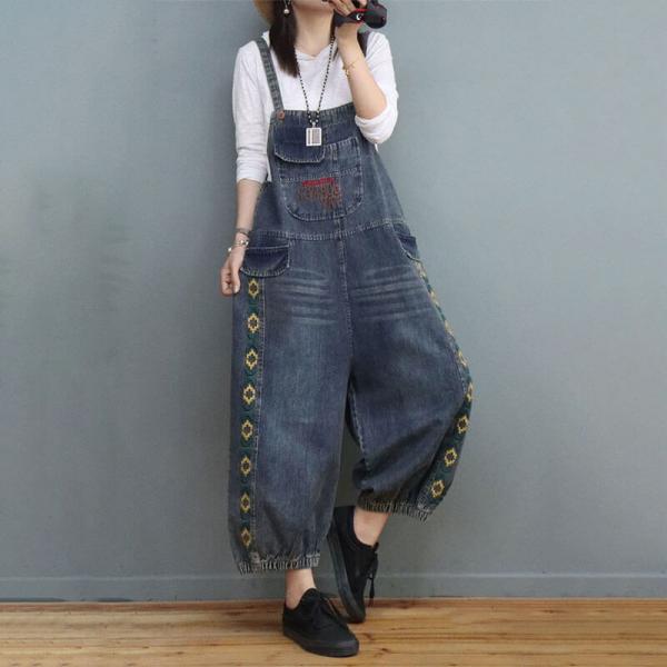 Yellow Embroidery Fluffy Overalls Baggy-Fit Jean Dungarees