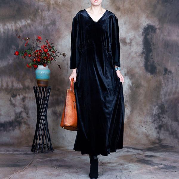 Sheer Long Sleeves Elegant Dress V-Neck Black Velvet Dress