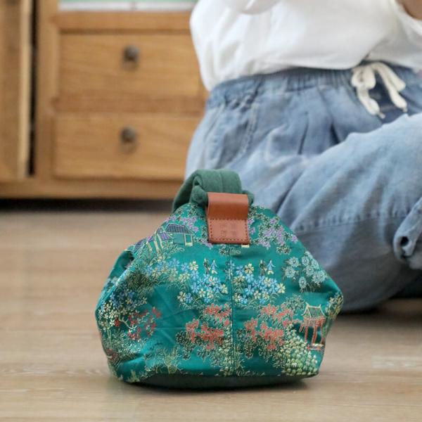 Chinese Style Green Silky Floral Handbag Plain Linen Small Clutch