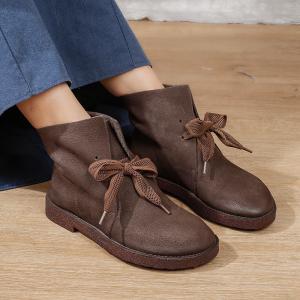 Lace Up Low Heels Chukka Boots Women Cowhide Leather Ankle Boots