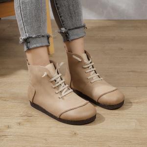 Soft Leather Tied Bootie Cowhide Comfy Ankle Boots