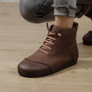 Soft Leather Tied Bootie Cowhide Comfy Ankle Boots