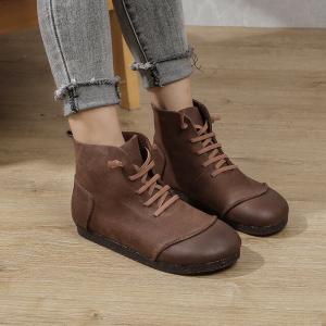 Soft Leather Tied Bootie Cowhide Comfy Ankle Boots