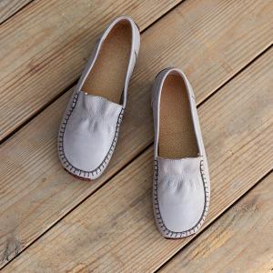 Round Toe Leather Low Shoes Granny Slip on Flats