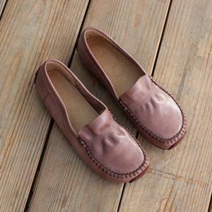 Round Toe Leather Low Shoes Granny Slip on Flats