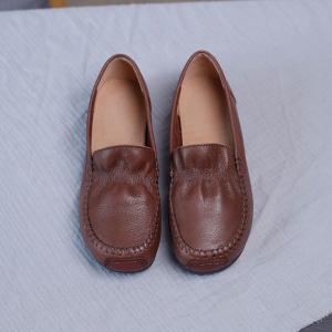 Round Toe Leather Low Shoes Granny Slip on Flats