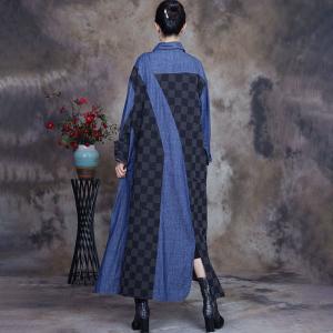 Black Plaids Denim Trench Coat Patchwork Plus Size Shirt Dress