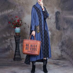 Black Plaids Denim Trench Coat Patchwork Plus Size Shirt Dress