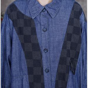 Black Plaids Denim Trench Coat Patchwork Plus Size Shirt Dress