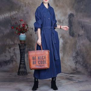 Wide Lapel Denim Tied Dress Large Size Jean Trench Coat