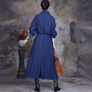 Wide Lapel Denim Tied Dress Large Size Jean Trench Coat