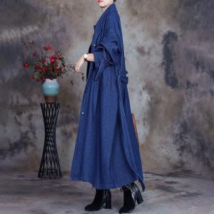 Wide Lapel Denim Tied Dress Large Size Jean Trench Coat