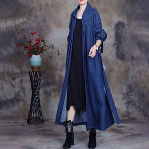 Wide Lapel Denim Tied Dress Large Size Jean Trench Coat