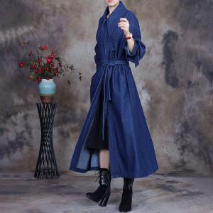 Wide Lapel Denim Tied Dress Large Size Jean Trench Coat