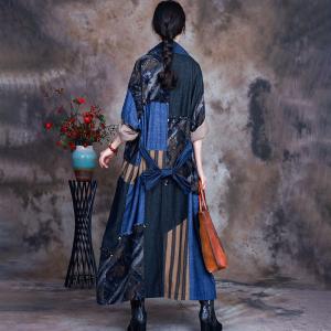 Colorful Patchwork Belted Long Coat Denim Striped Trench Coat
